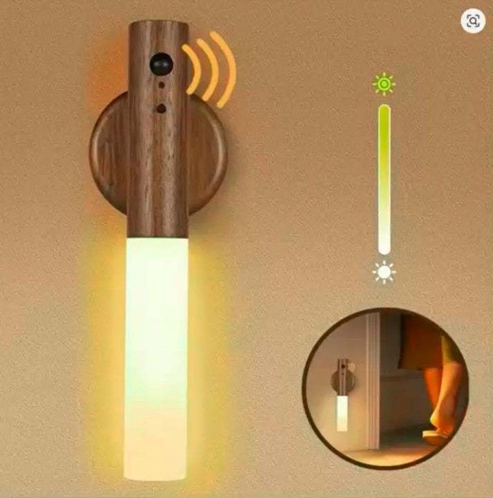 Rechargeable Motion Sensor Night Light – Magnetic Wooden Wall Sconce for Bedroom, Hallway & Stairs
