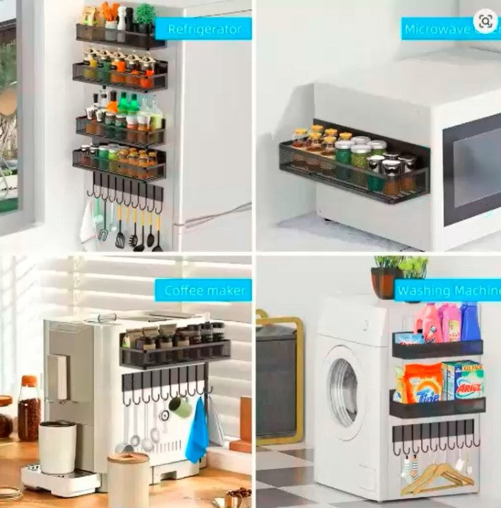 Magnetic Refrigerator Organizer – No-Drill Side-Mounted Spice Rack with Hooks & Multi-Layer Storage for Small Kitchens