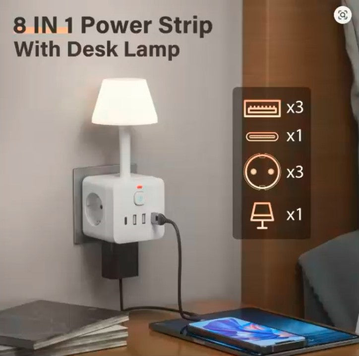 7-in-1 EU Power Outlet with Surge Protection – 3 AC Outlets, 3 USB Ports & 1 Type-C Fast Charger | Desktop Charging Station