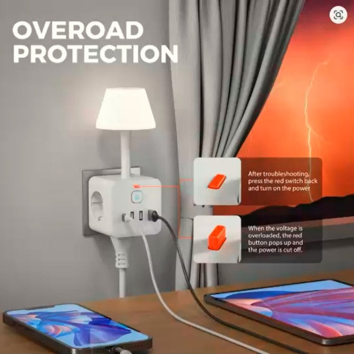 7-in-1 EU Power Outlet with Surge Protection – 3 AC Outlets, 3 USB Ports & 1 Type-C Fast Charger | Desktop Charging Station