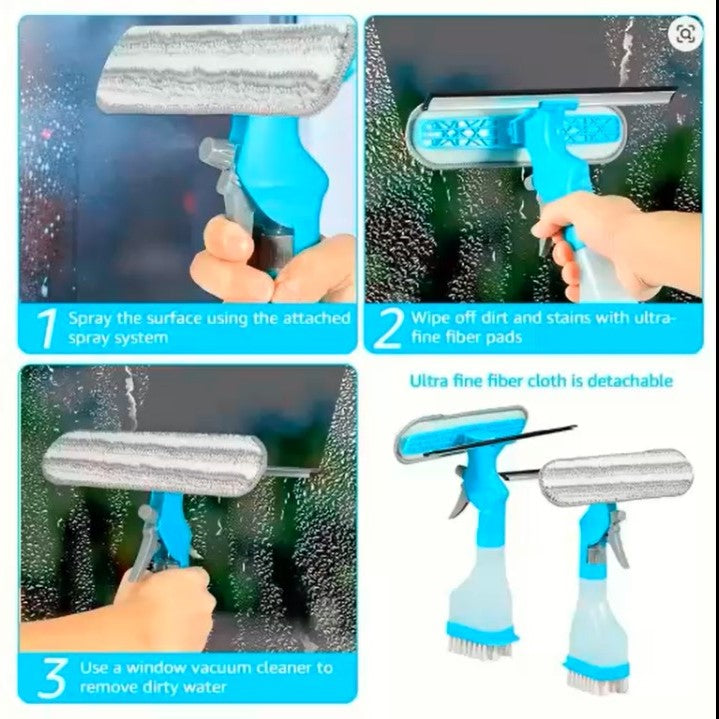 4-in-1  Window & Glass Cleaner – Spray, Scrub, Wipe & Shine in One Tool